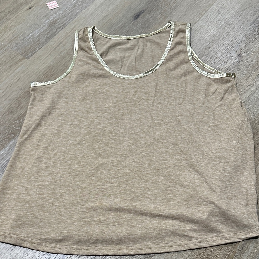 Casual Tan Sleeveless Top with gold trim